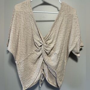 Gilli Tan and Cream Ruched Tie Front Dolman Sleeve Blouse